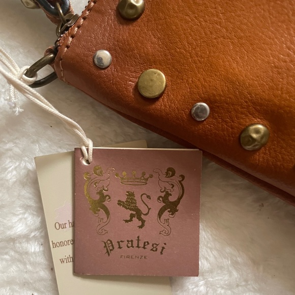 Pratesi Firenze Italian Leather Brown Gold Studded Crossbody Clutch Bag - Picture 5 of 8